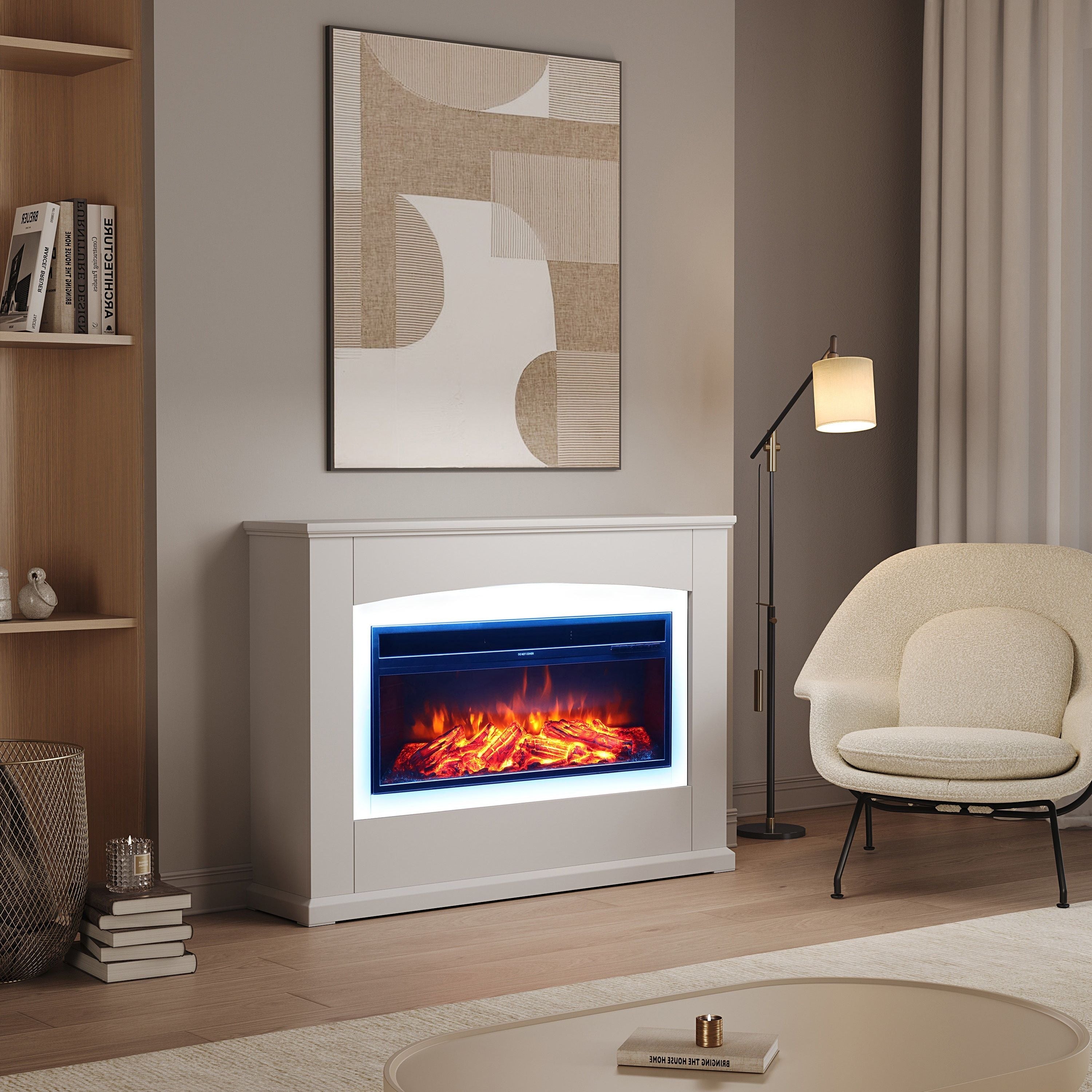 48 Inch Electric Fireplace with White Wooden Mantel