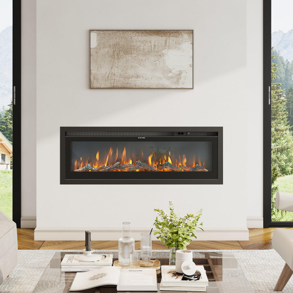 42/50/60 Inch Recessed Wall Mounted Freestanding Electrical Fireplace with Remote Control and 12 Flame Colours