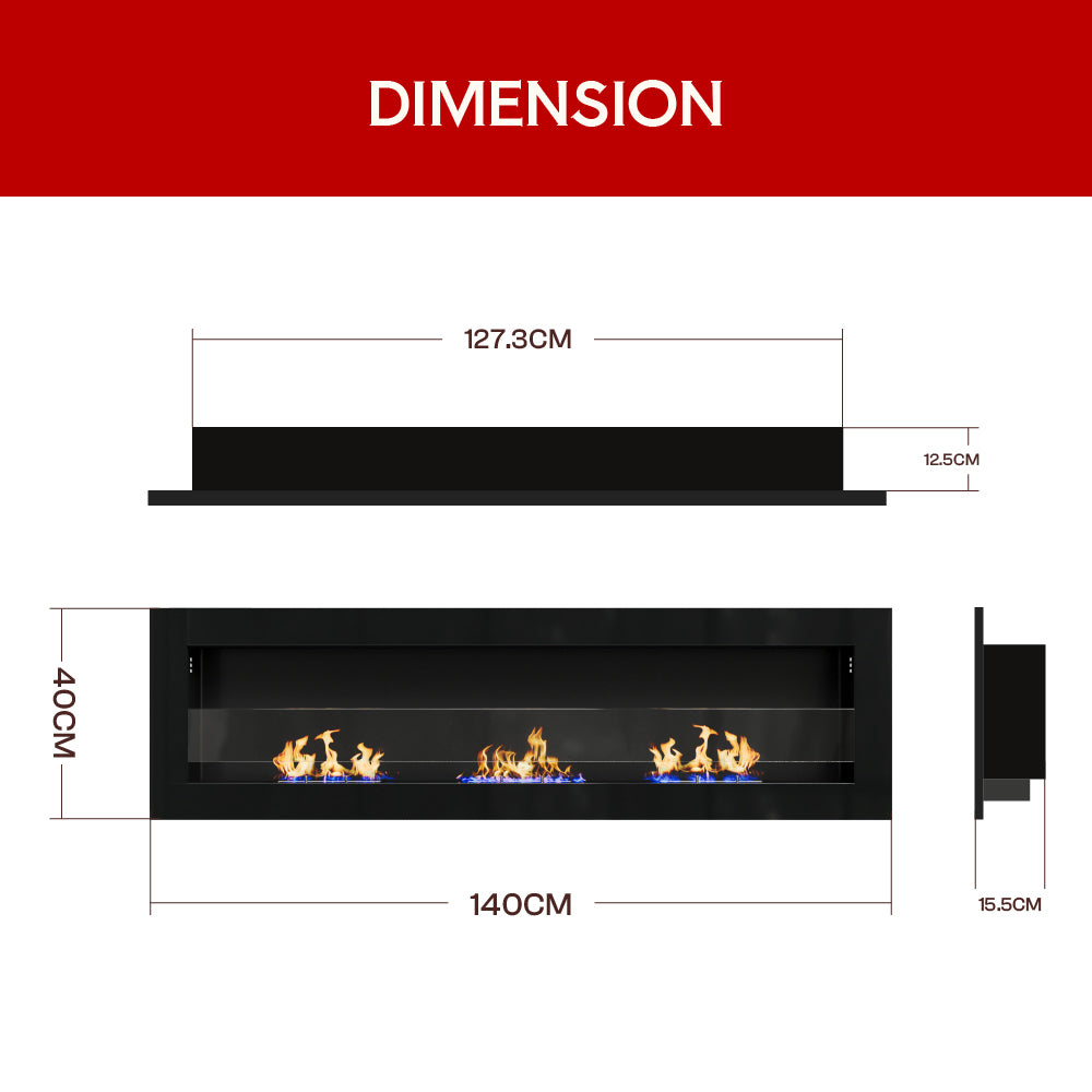 55 Inch Wall Mounted Recessed Bioethanol Fireplace with 3 Stove Flame