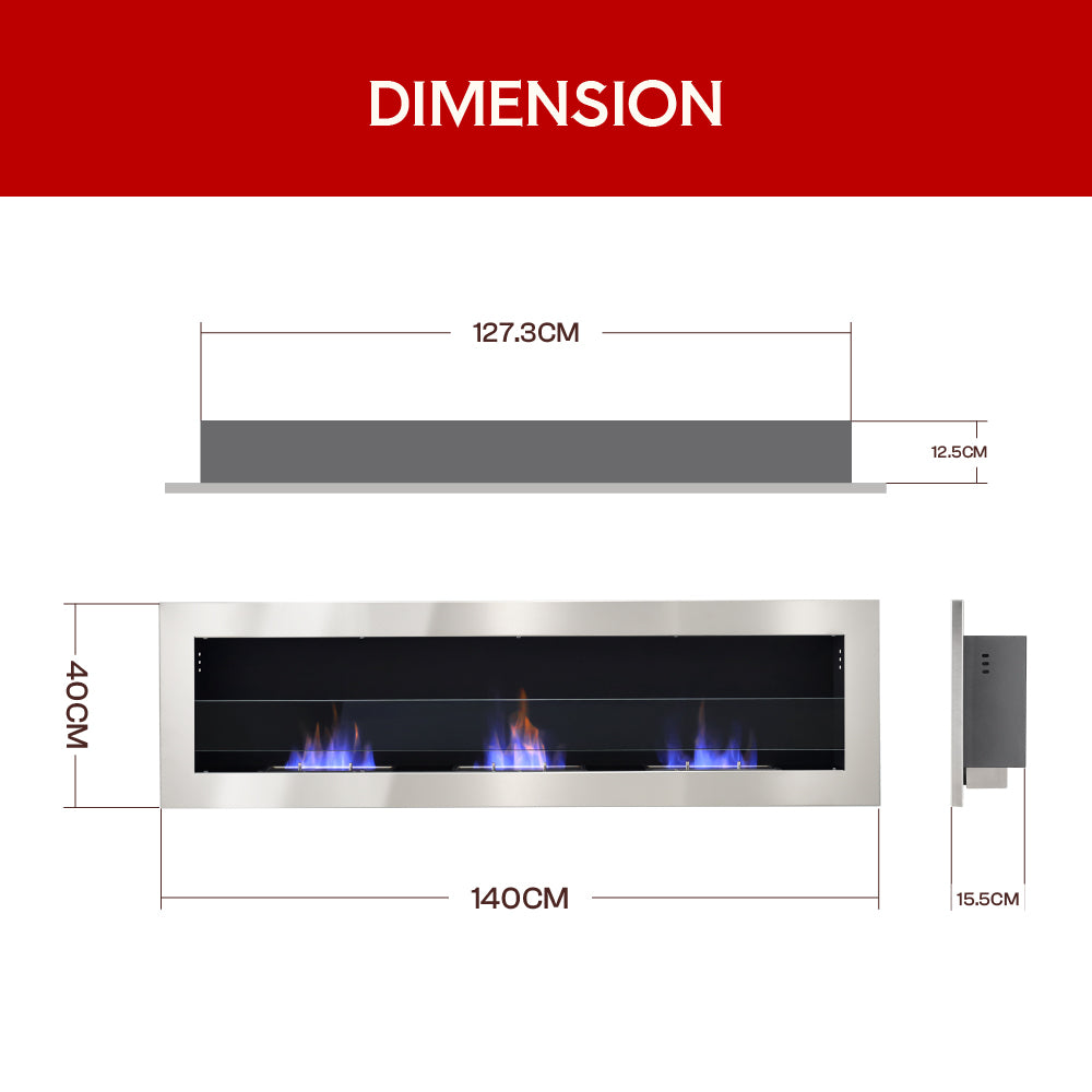 55 Inch Wall Mounted Recessed Bioethanol Fireplace with 3 Stove Flame