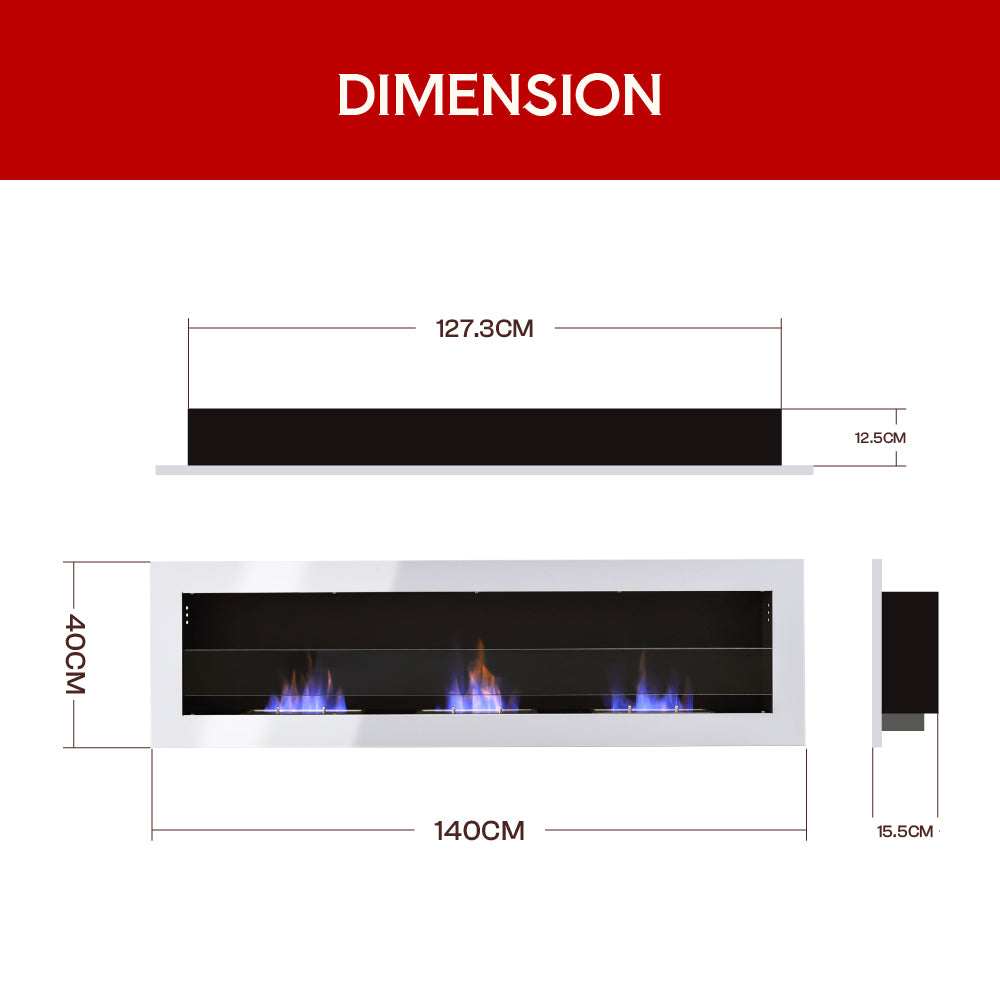 55 Inch Wall Mounted Recessed Bioethanol Fireplace with 3 Stove Flame