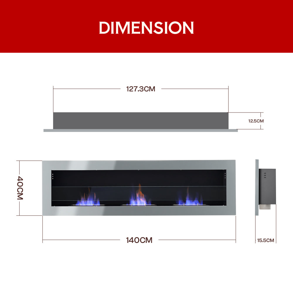 55 Inch Wall Mounted Recessed Bioethanol Fireplace with 3 Stove Flame