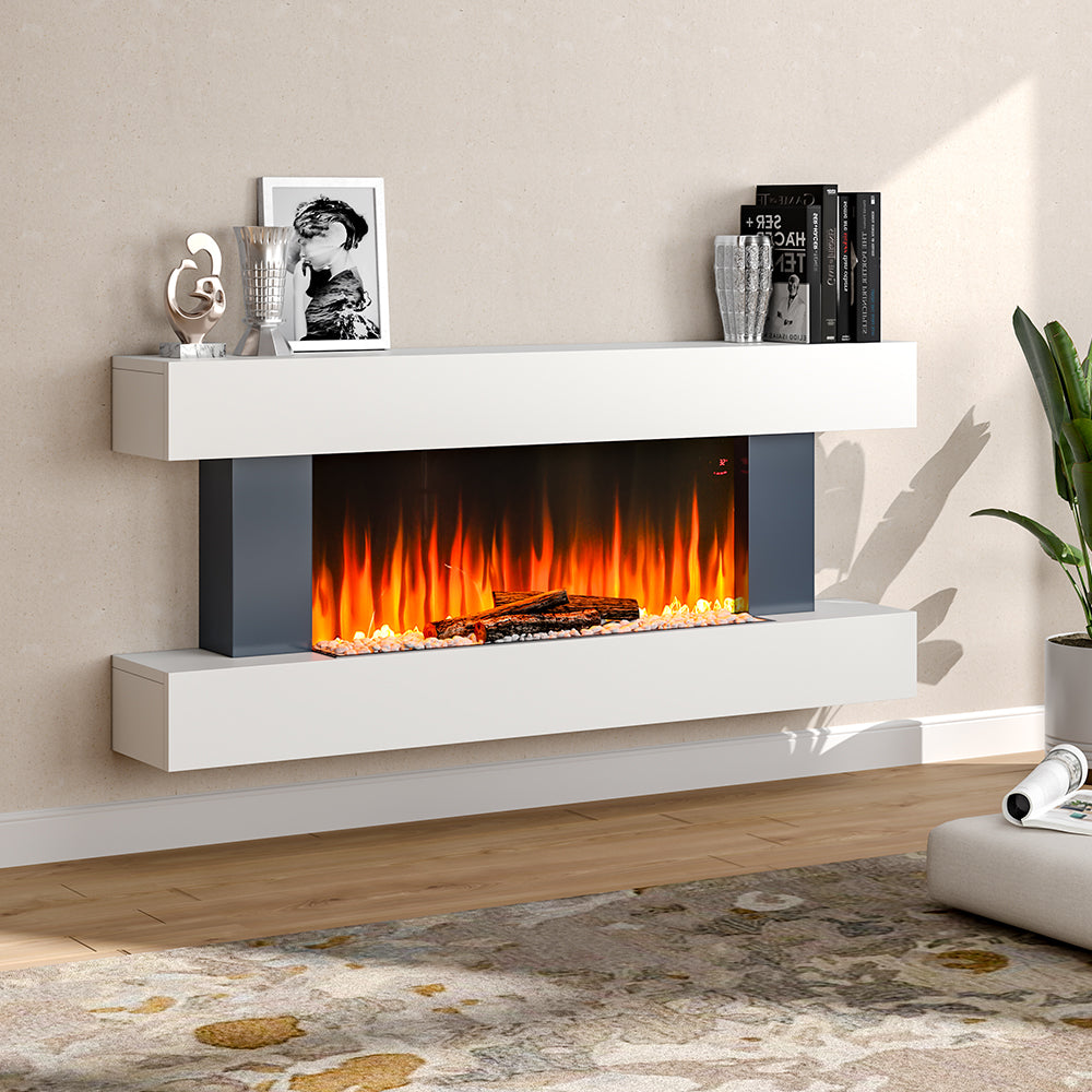 52 Inch 7 Flame Color Electric Fire Suite Fireplace with White LED Surround Set Remote WiFi Connected