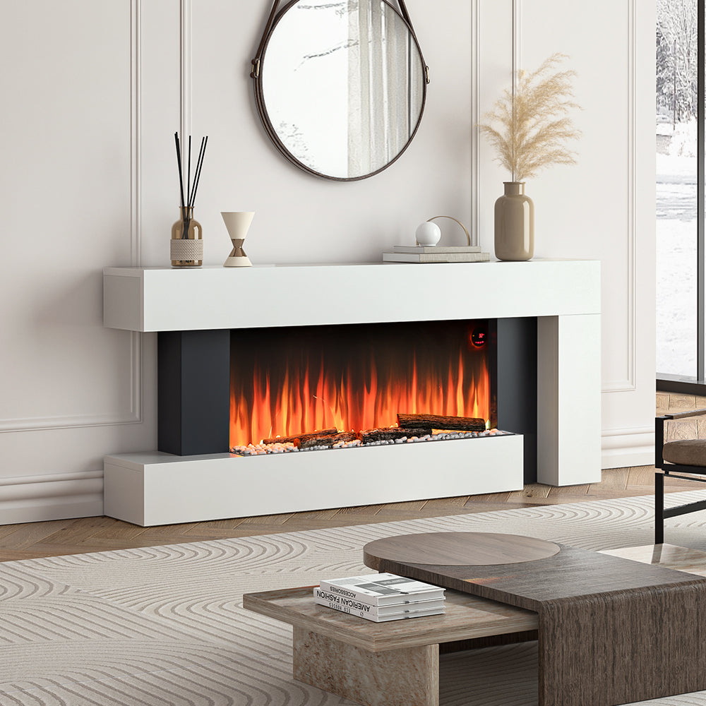 52 Inch Electric Fire Suite Black Fireplace with White Surround Set and Left Night Light Remote Control