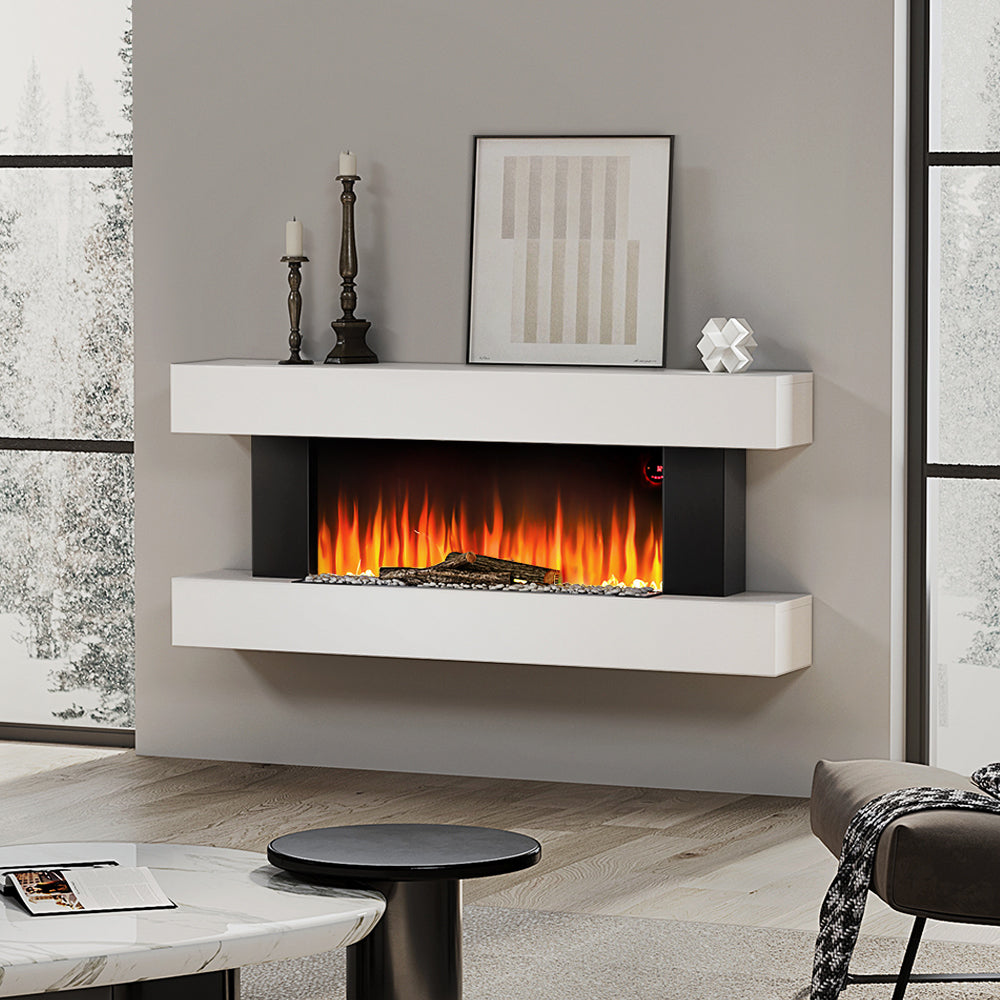 52 Inch Electric Fire Suite Black Fireplace with White LED Surround Set Remote Control Both Side Nightlight