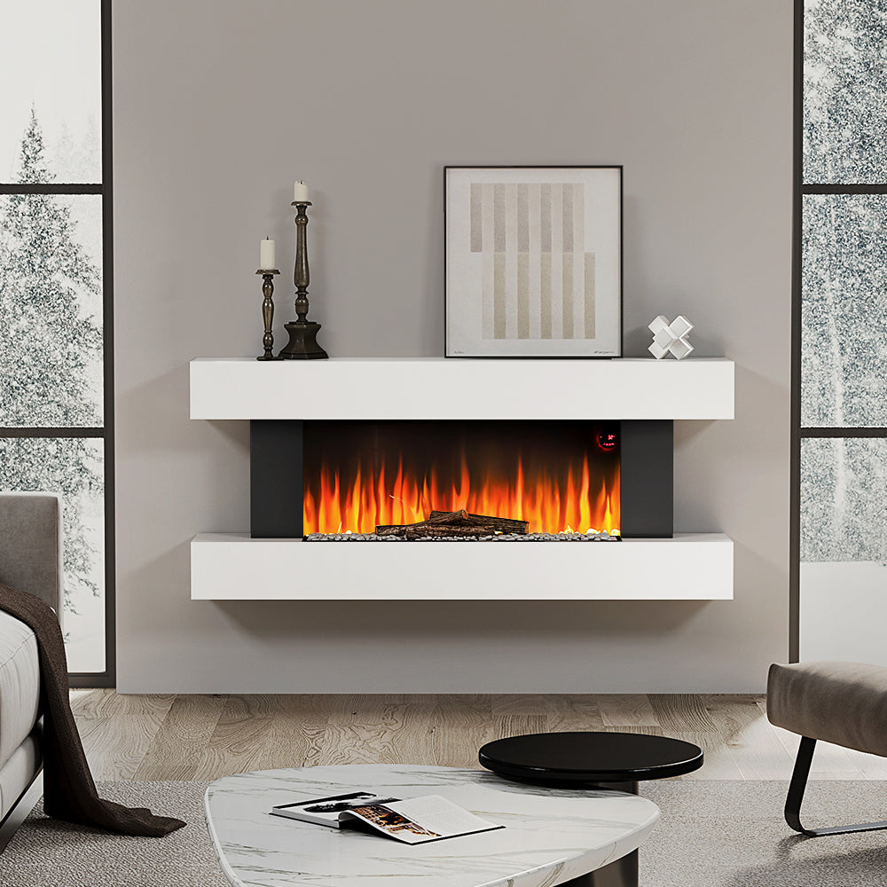 52 Inch Electric Fire Suite Black Fireplace with White LED Surround Set Remote Control Both Side Nightlight