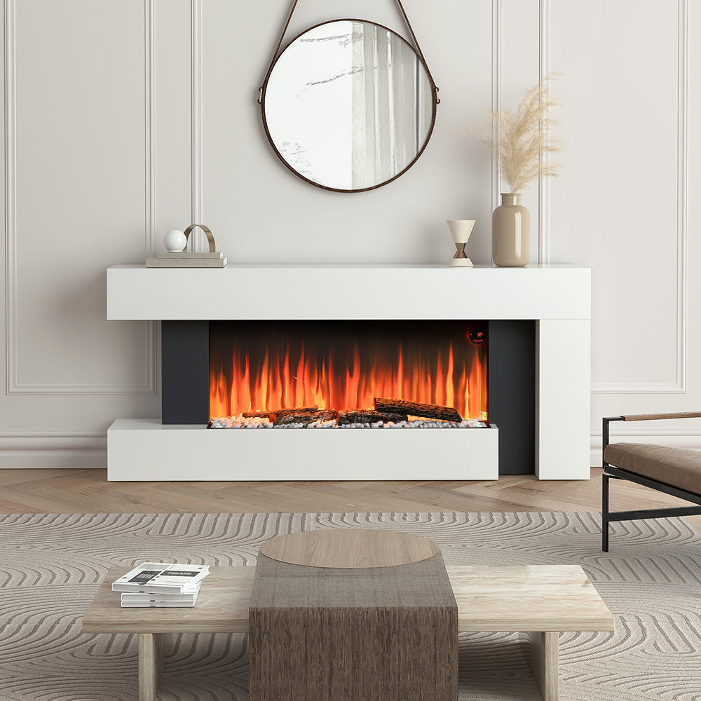 52 Inch Electric Fire Suite Black Fireplace with White Surround Set and Left Night Light Remote Control