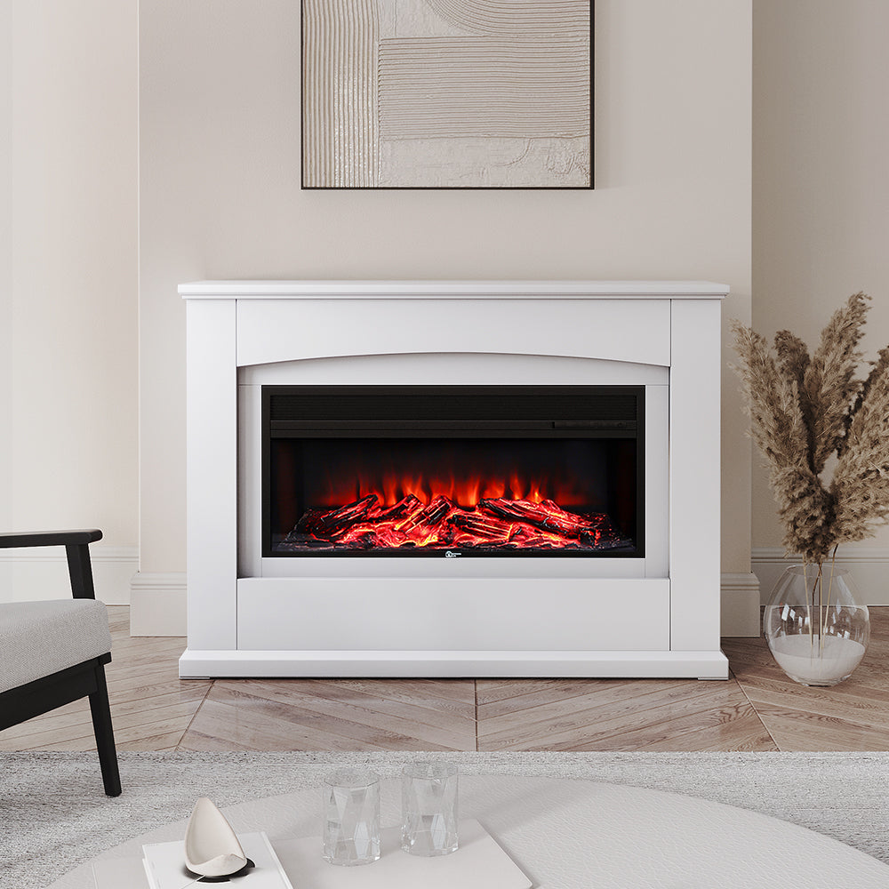 48 Inch White Electric Fire Suite Black Fireplace Heater with White Wooden Surround Set