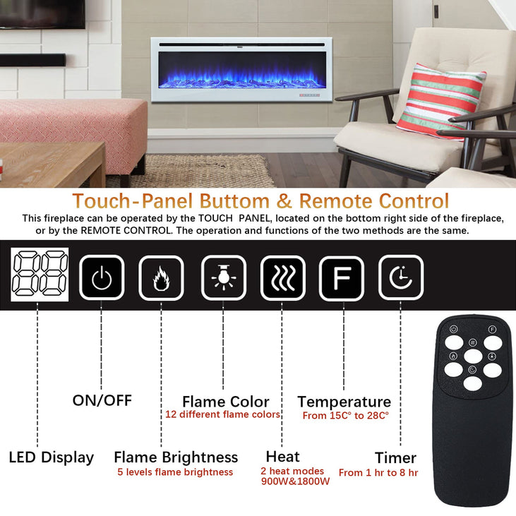 36 Inch Linear Electric Fireplace Recessed in White