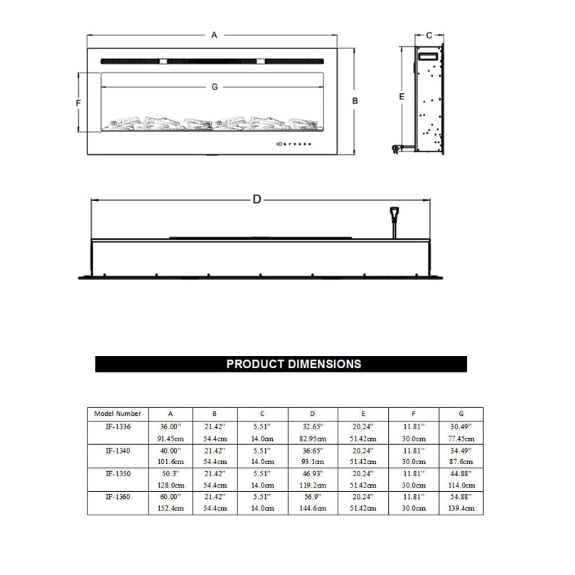 36/40/60 inch Linear Recessed/Wall Mounted Electric Fireplace