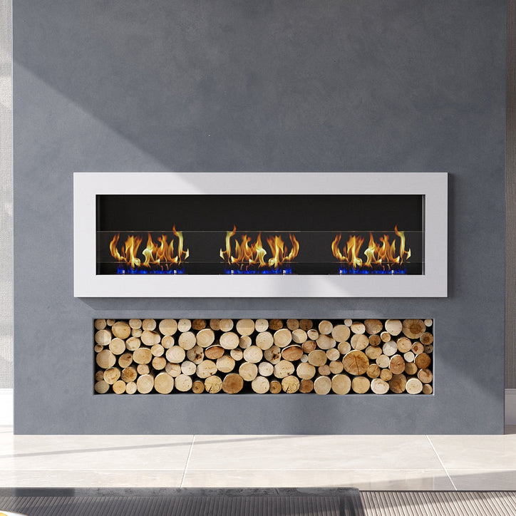 White/Grey Wall-mounted 47-inch recessed bioethanol fireplace with movable flames