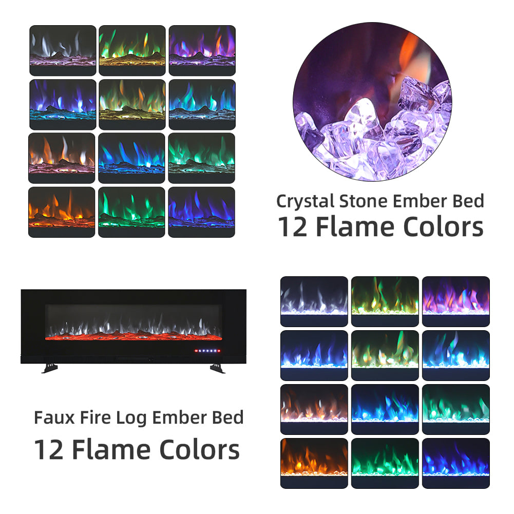 50/60/72 Inch Wall Mounted Electric Fireplace with 9 Colour and 5 Brightness Setting