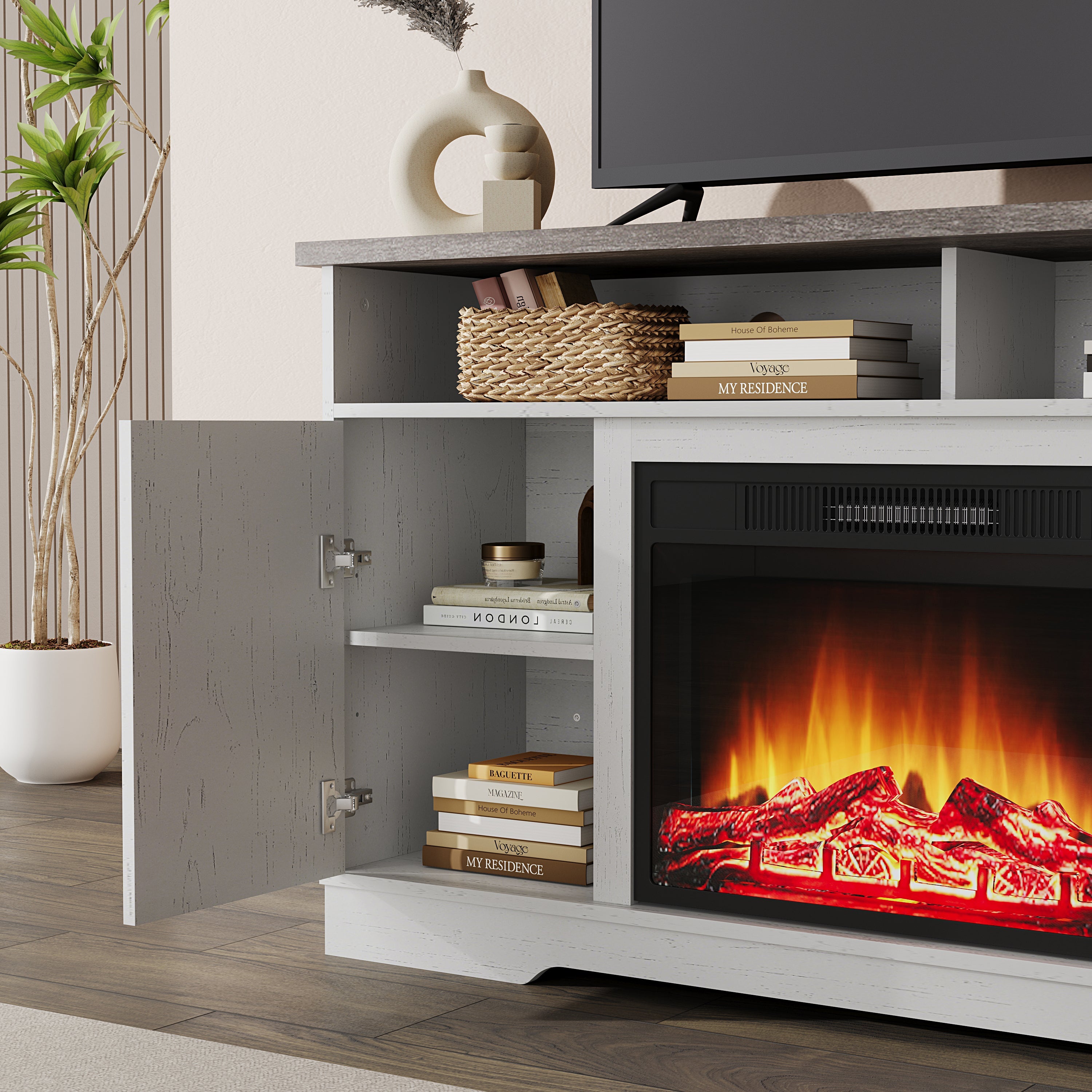 54 Inch Electric Fire Suite Black Fireplace with White TV Stand Surround Set with Timer and Remote Control