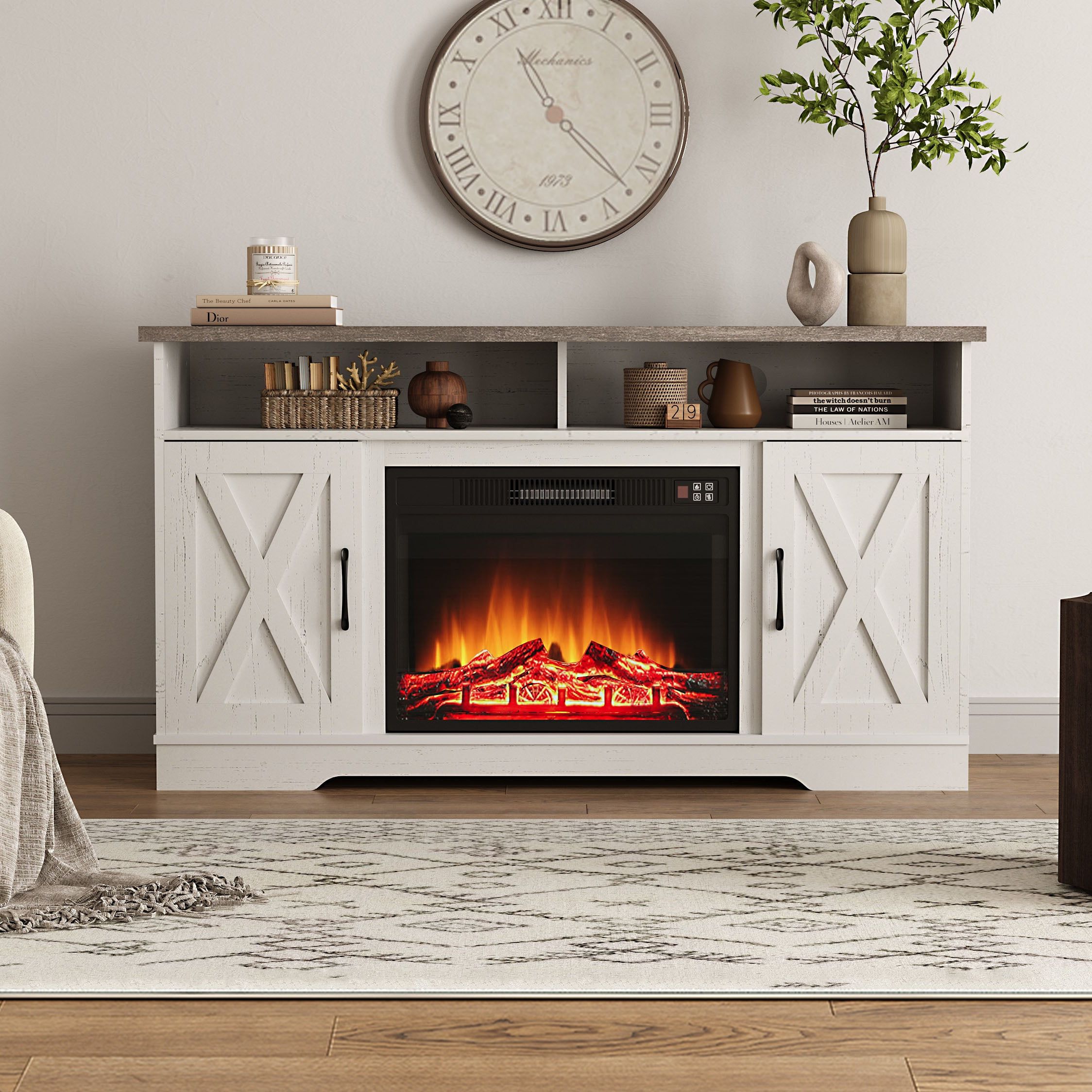 54 Inch Electric Fire Suite Black Fireplace with White TV Stand Surround Set with Timer and Remote Control