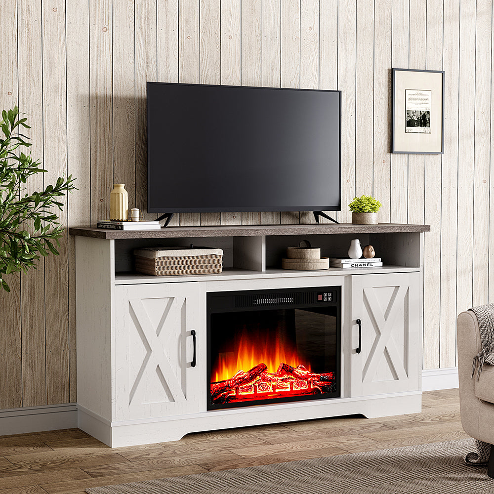 54 Inch Electric Fire Suite Black Fireplace with White TV Stand Surround Set with Timer and Remote Control