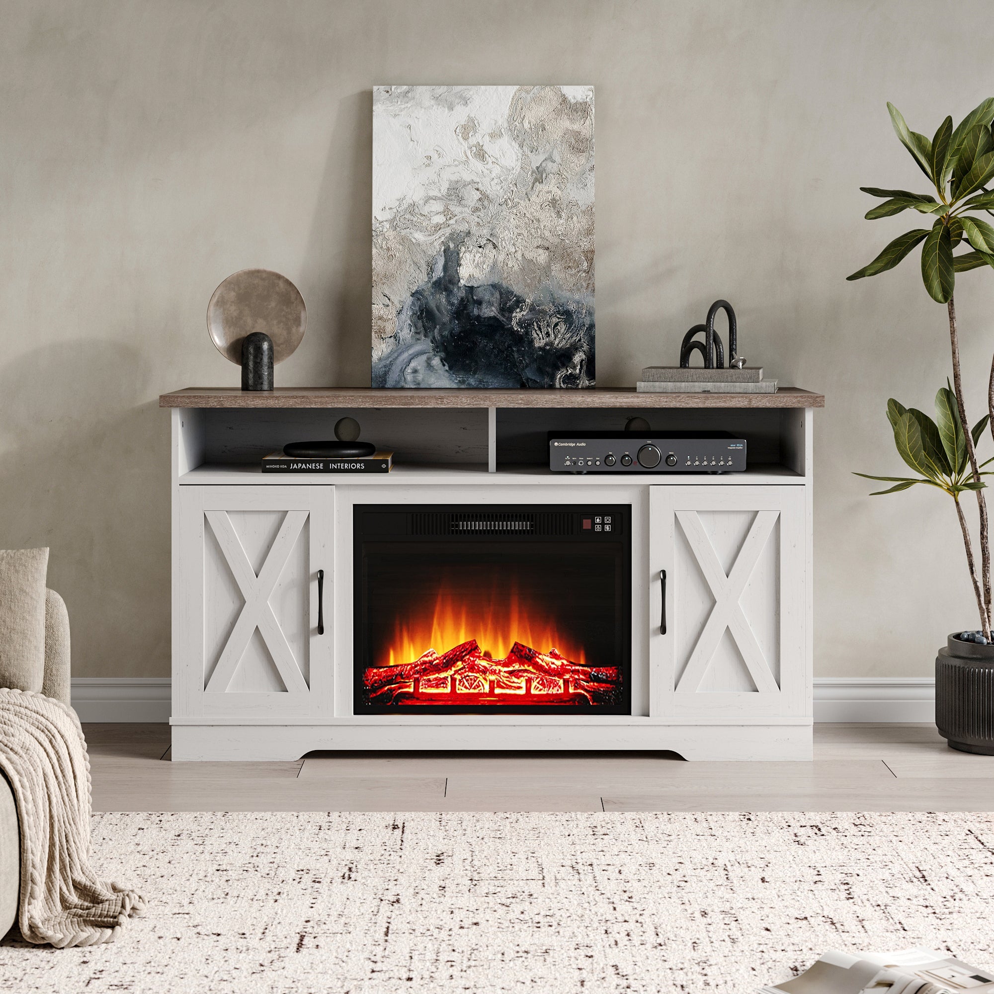 54 Inch Electric Fire Suite Black Fireplace with White TV Stand Surround Set with Timer and Remote Control