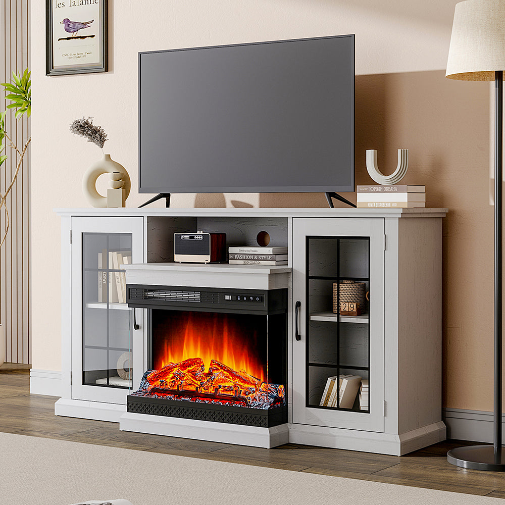 59 Inch White Electric Fireplace Suite with TV Stand and Internal Storage