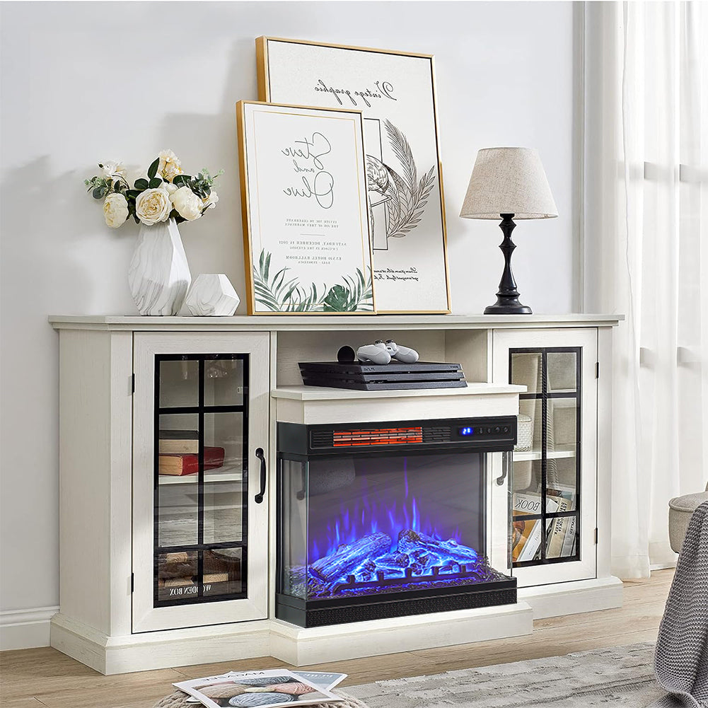 59 Inch White Electric Fireplace Suite with TV Stand and Internal Storage