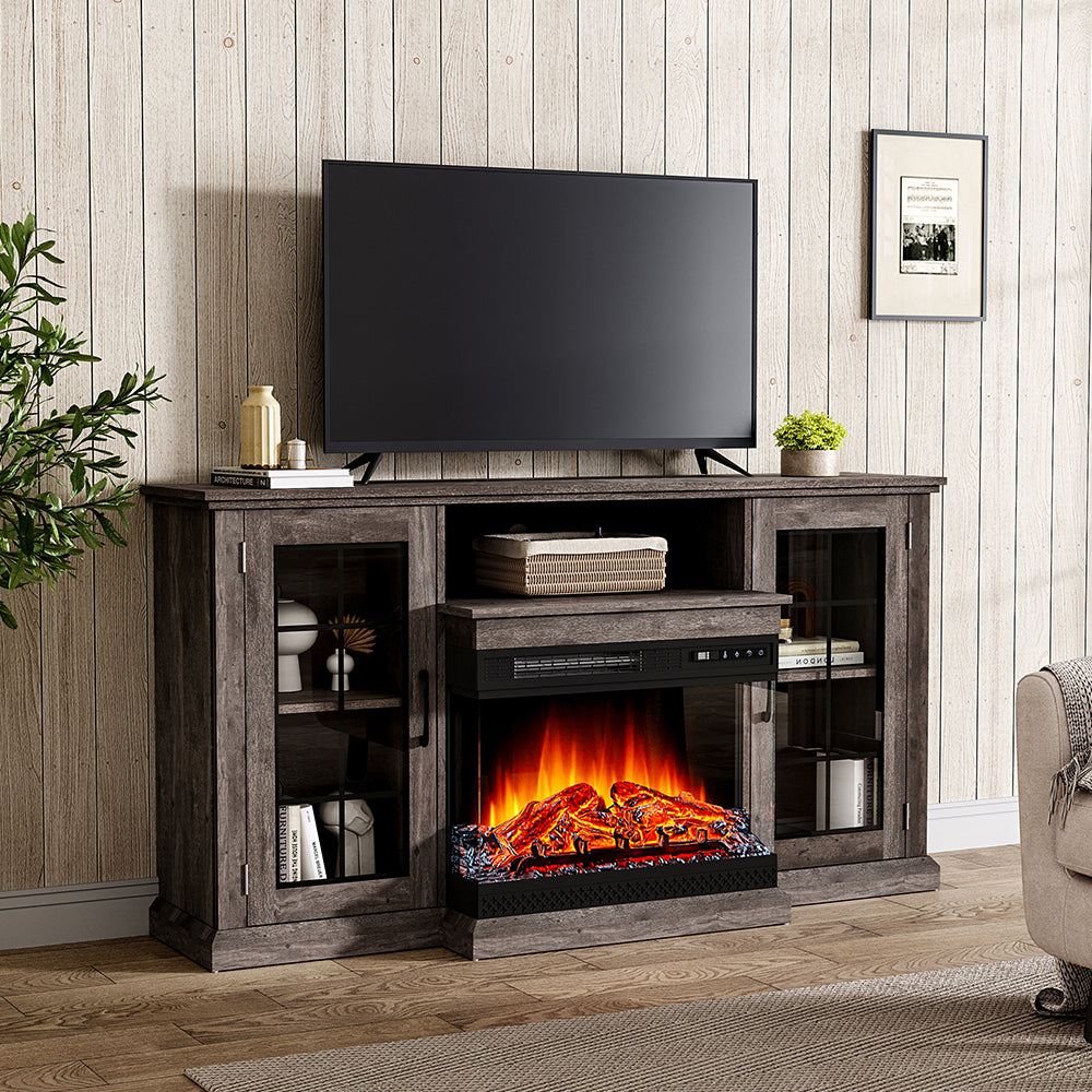 59 Inch White Electric Fireplace Suite with TV Stand and Internal Storage