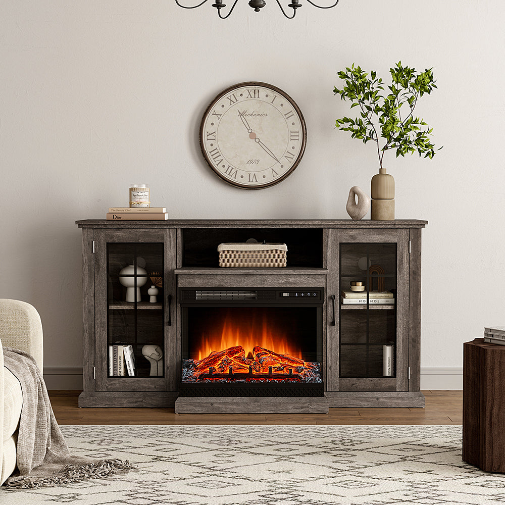 59 Inch White Electric Fireplace Suite with TV Stand and Internal Storage